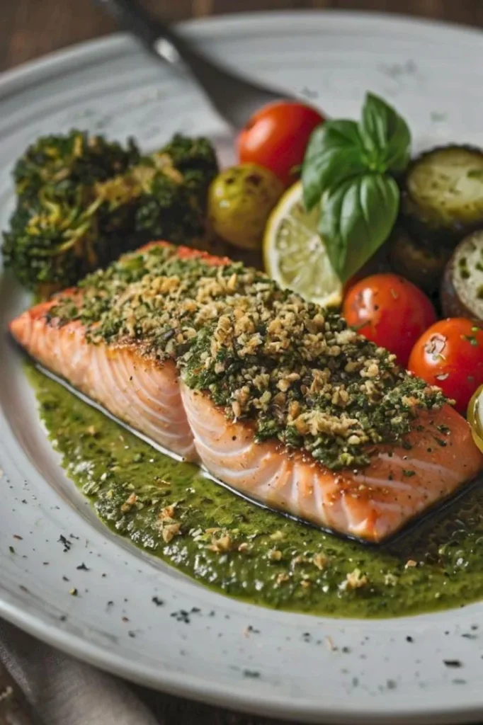 Pesto-Crusted Salmon with Roasted Cherry Tomatoes